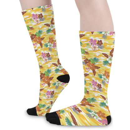 Yellow Camo And Hibiscus Flower Print Long Socks