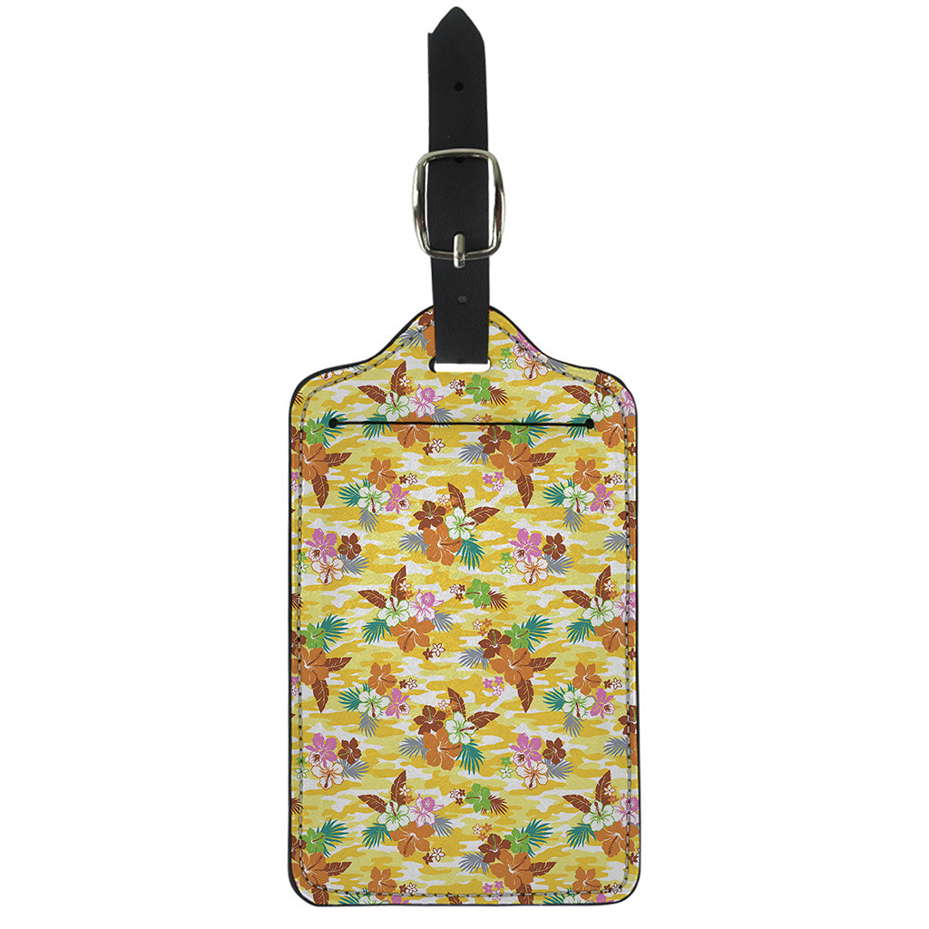 Yellow Camo And Hibiscus Flower Print Luggage Tag