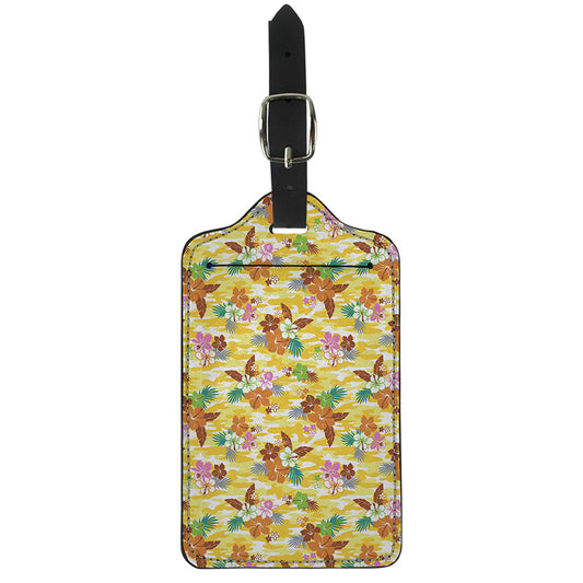 Yellow Camo And Hibiscus Flower Print Luggage Tag