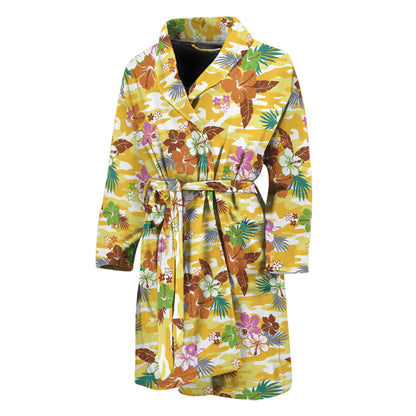 Yellow Camo And Hibiscus Flower Print Men's Bathrobe