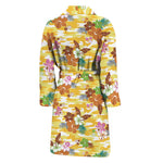 Yellow Camo And Hibiscus Flower Print Men's Bathrobe