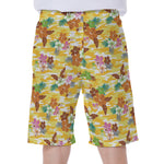 Yellow Camo And Hibiscus Flower Print Men's Beach Shorts