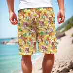 Yellow Camo And Hibiscus Flower Print Men's Cargo Shorts