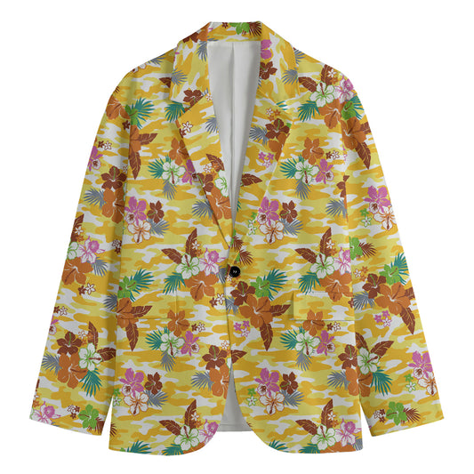 Yellow Camo And Hibiscus Flower Print Men's Cotton Blazer