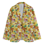 Yellow Camo And Hibiscus Flower Print Men's Cotton Blazer