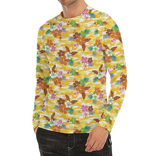Yellow Camo And Hibiscus Flower Print Men's Long Sleeve Rash Guard