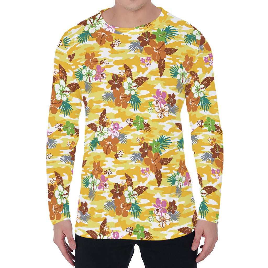 Yellow Camo And Hibiscus Flower Print Men's Long Sleeve T-Shirt