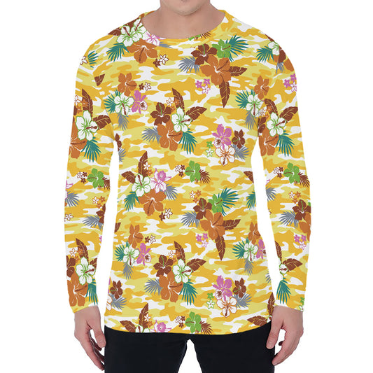 Yellow Camo And Hibiscus Flower Print Men's Long Sleeve T-Shirt