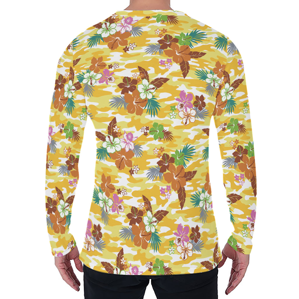 Yellow Camo And Hibiscus Flower Print Men's Long Sleeve T-Shirt