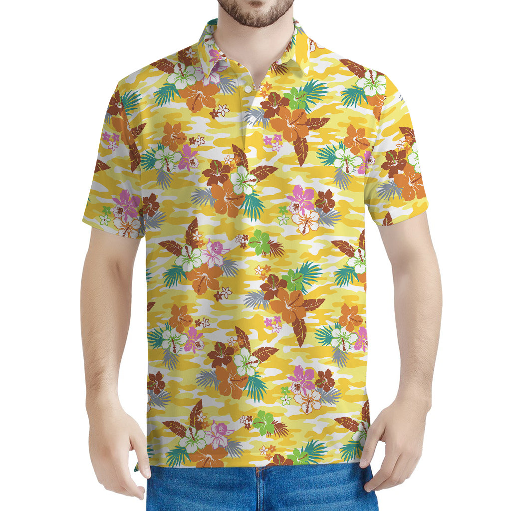 Yellow Camo And Hibiscus Flower Print Men's Polo Shirt