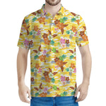 Yellow Camo And Hibiscus Flower Print Men's Polo Shirt