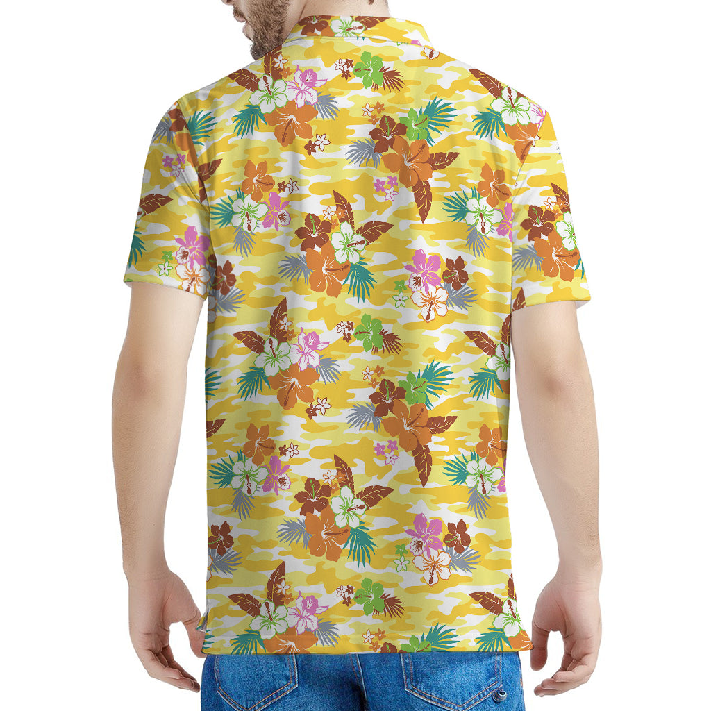 Yellow Camo And Hibiscus Flower Print Men's Polo Shirt