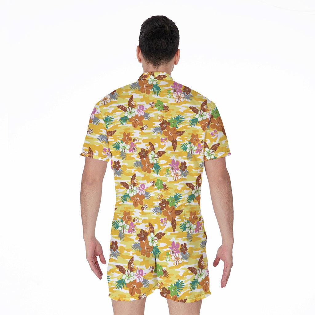 Yellow Camo And Hibiscus Flower Print Men's Rompers