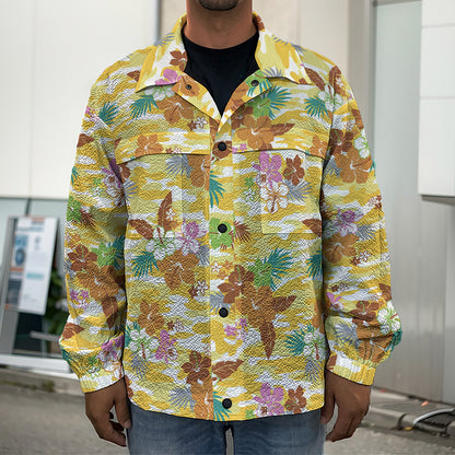 Yellow Camo And Hibiscus Flower Print Men's Shirt Jacket