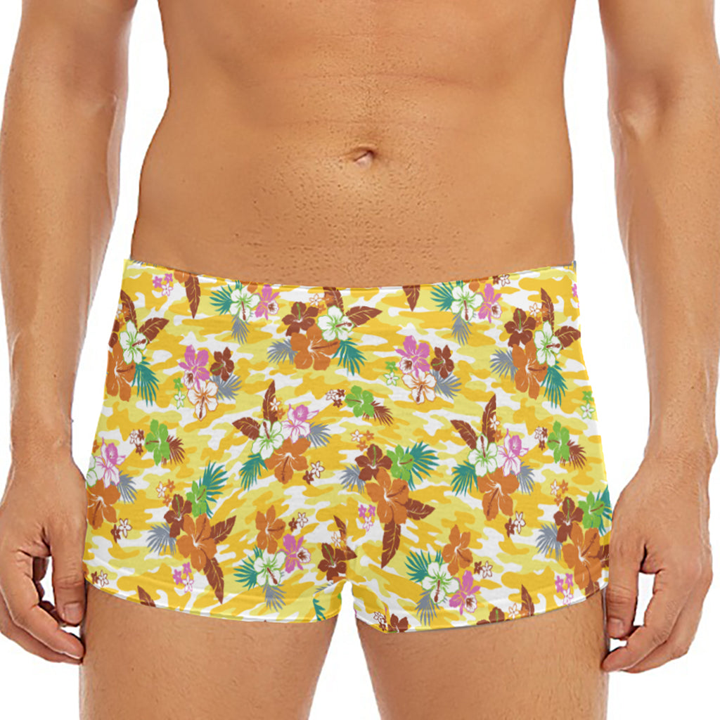 Yellow Camo And Hibiscus Flower Print Men's Short Boxer Briefs