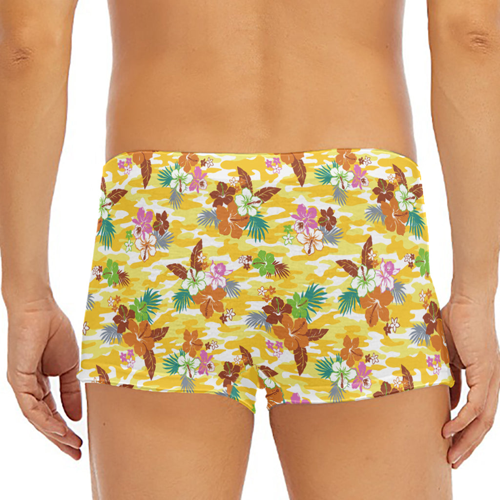 Yellow Camo And Hibiscus Flower Print Men's Short Boxer Briefs