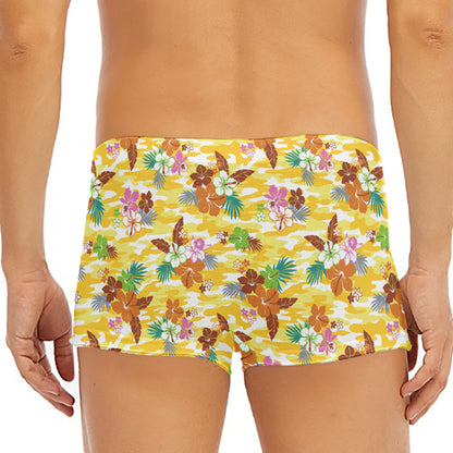 Yellow Camo And Hibiscus Flower Print Men's Short Boxer Briefs