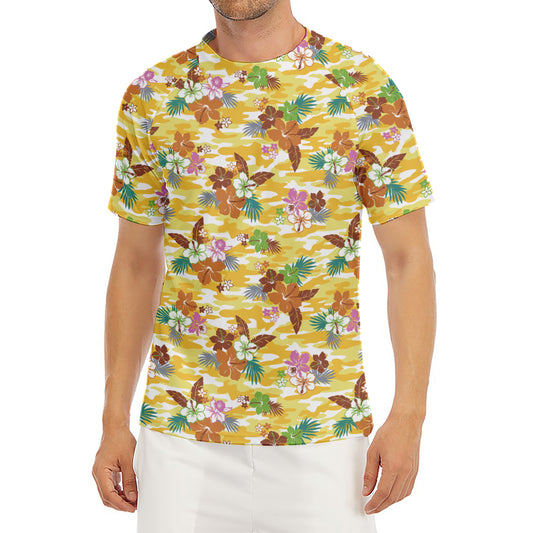 Yellow Camo And Hibiscus Flower Print Men's Short Sleeve Rash Guard