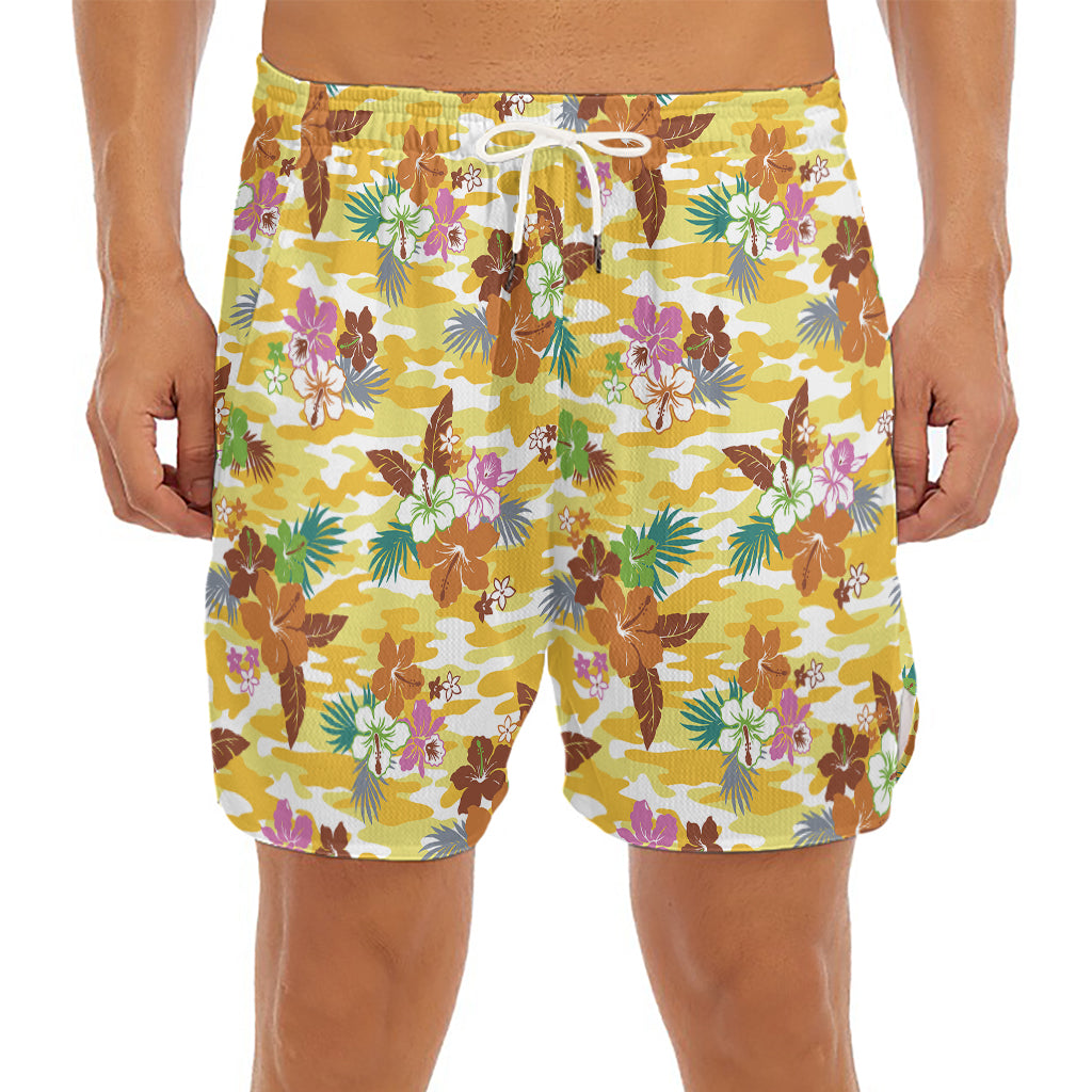 Yellow Camo And Hibiscus Flower Print Men's Split Running Shorts