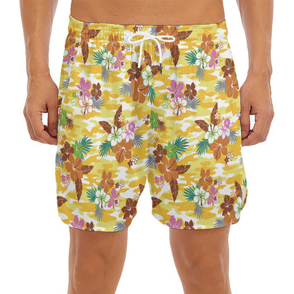Yellow Camo And Hibiscus Flower Print Men's Split Running Shorts