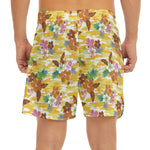 Yellow Camo And Hibiscus Flower Print Men's Split Running Shorts