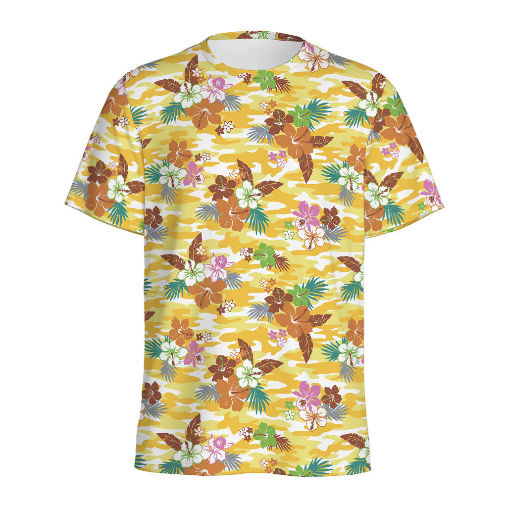 Yellow Camo And Hibiscus Flower Print Men's Sports T-Shirt