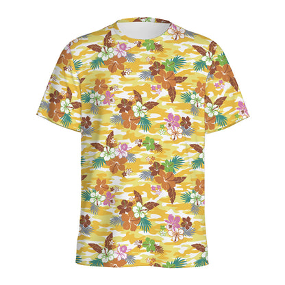 Yellow Camo And Hibiscus Flower Print Men's Sports T-Shirt
