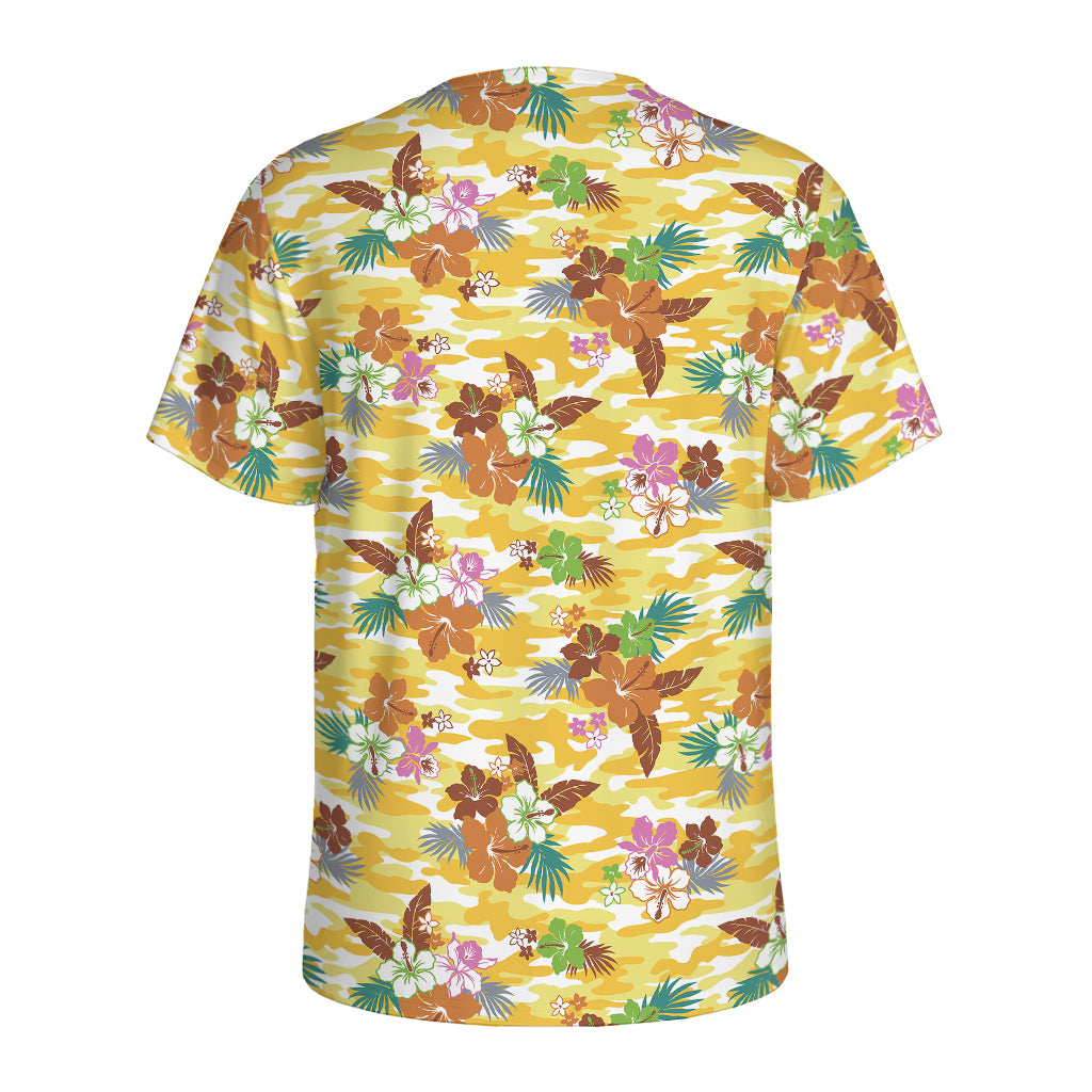 Yellow Camo And Hibiscus Flower Print Men's Sports T-Shirt