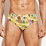 Yellow Camo And Hibiscus Flower Print Men's Swim Briefs