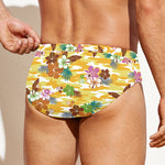 Yellow Camo And Hibiscus Flower Print Men's Swim Briefs