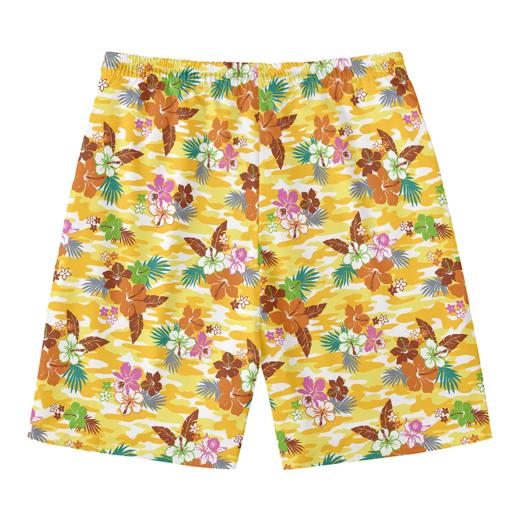 Yellow Camo And Hibiscus Flower Print Men's Swim Trunks