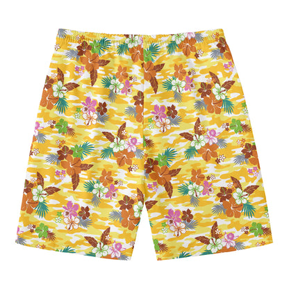 Yellow Camo And Hibiscus Flower Print Men's Swim Trunks