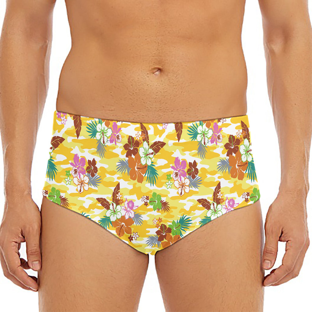Yellow Camo And Hibiscus Flower Print Men's Triangle Swim Briefs