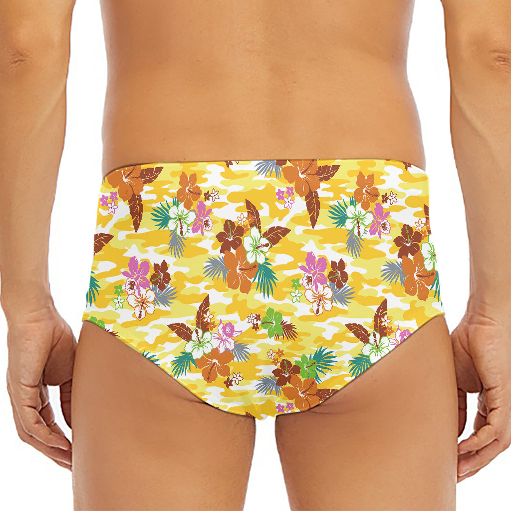 Yellow Camo And Hibiscus Flower Print Men's Triangle Swim Briefs