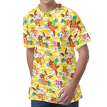 Yellow Camo And Hibiscus Flower Print Men's Velvet T-Shirt