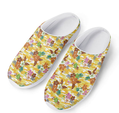 Yellow Camo And Hibiscus Flower Print Mesh Casual Shoes