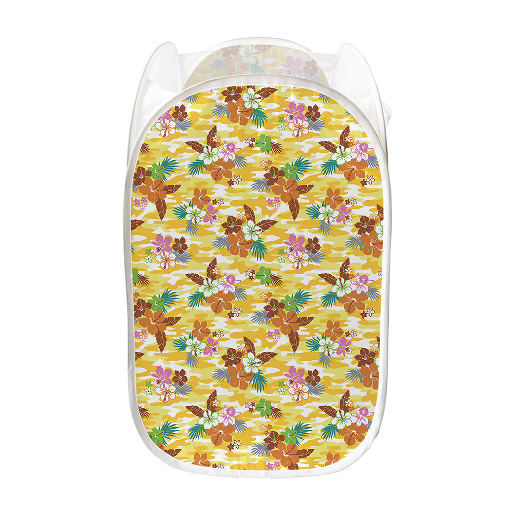 Yellow Camo And Hibiscus Flower Print Mesh Laundry Hamper