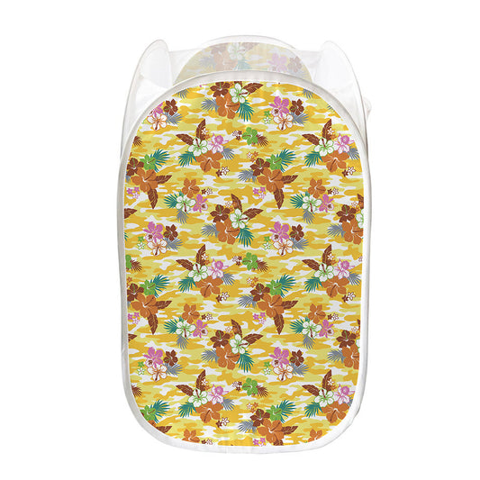 Yellow Camo And Hibiscus Flower Print Mesh Laundry Hamper