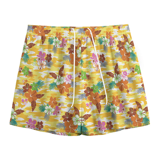 Yellow Camo And Hibiscus Flower Print Mesh Shorts