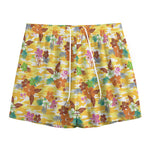 Yellow Camo And Hibiscus Flower Print Mesh Shorts
