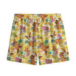 Yellow Camo And Hibiscus Flower Print Mesh Shorts