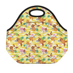 Yellow Camo And Hibiscus Flower Print Neoprene Lunch Bag