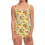 Yellow Camo And Hibiscus Flower Print One Piece Swimsuit