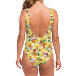 Yellow Camo And Hibiscus Flower Print One Piece Swimsuit