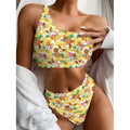 Yellow Camo And Hibiscus Flower Print One Shoulder Bikini Set
