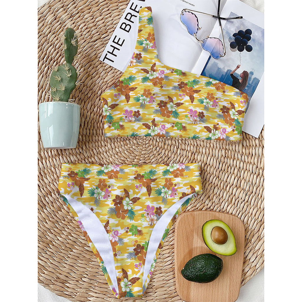Yellow Camo And Hibiscus Flower Print One Shoulder Bikini Top