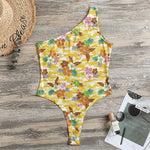 Yellow Camo And Hibiscus Flower Print One Shoulder Bodysuit
