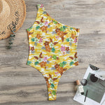 Yellow Camo And Hibiscus Flower Print One Shoulder Bodysuit