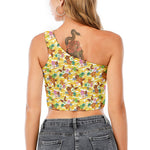 Yellow Camo And Hibiscus Flower Print One Shoulder Crop Top