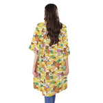 Yellow Camo And Hibiscus Flower Print Open Front Beach Cover Up